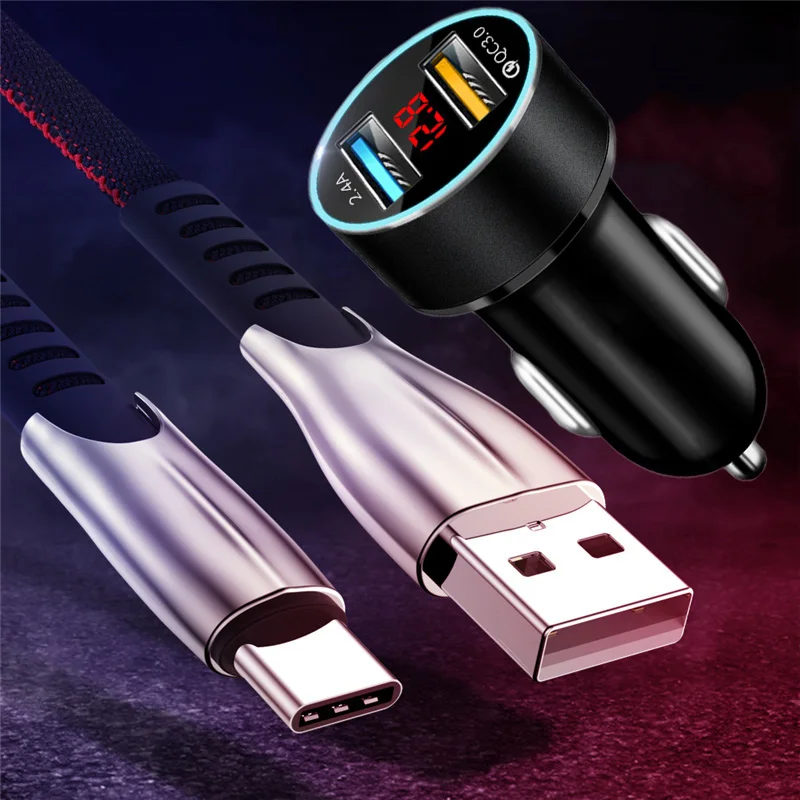 QC 3.0 Car Fast Charging Type C USB Charger Cable For Huawei P50 P40 P30 Pro Mate 40 30 Pro X2 Nova 9 8 8i Car Charging Adapter