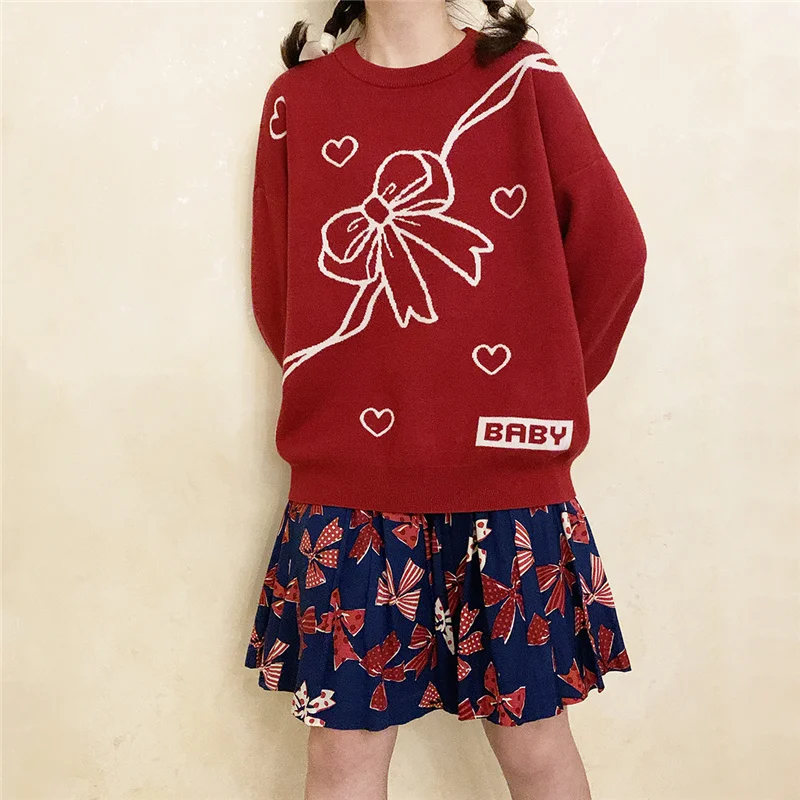 Fashion Kawaii Knitted Sweaters Women Pullover Pink Cute Heart Vintage Bow Red Jumper Girls Christmas Black Long Sleeve Knitwear