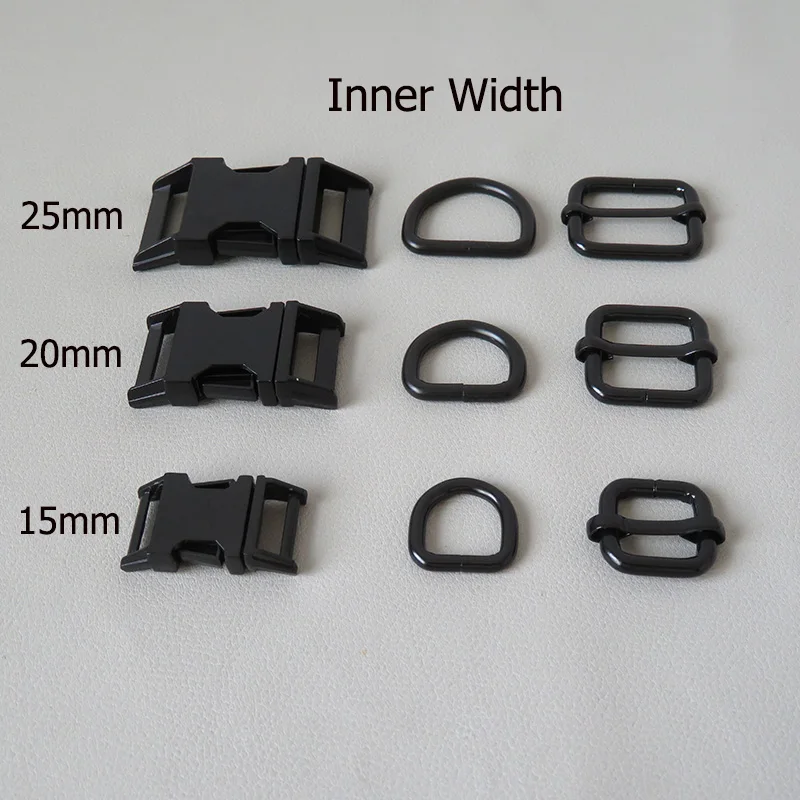 

20Sets/Lot Black Webbing Dog Collar Paracord Metal Buckle Clasp Belt D Ring Snap Hook Adjuster Harness Hardware Accessory