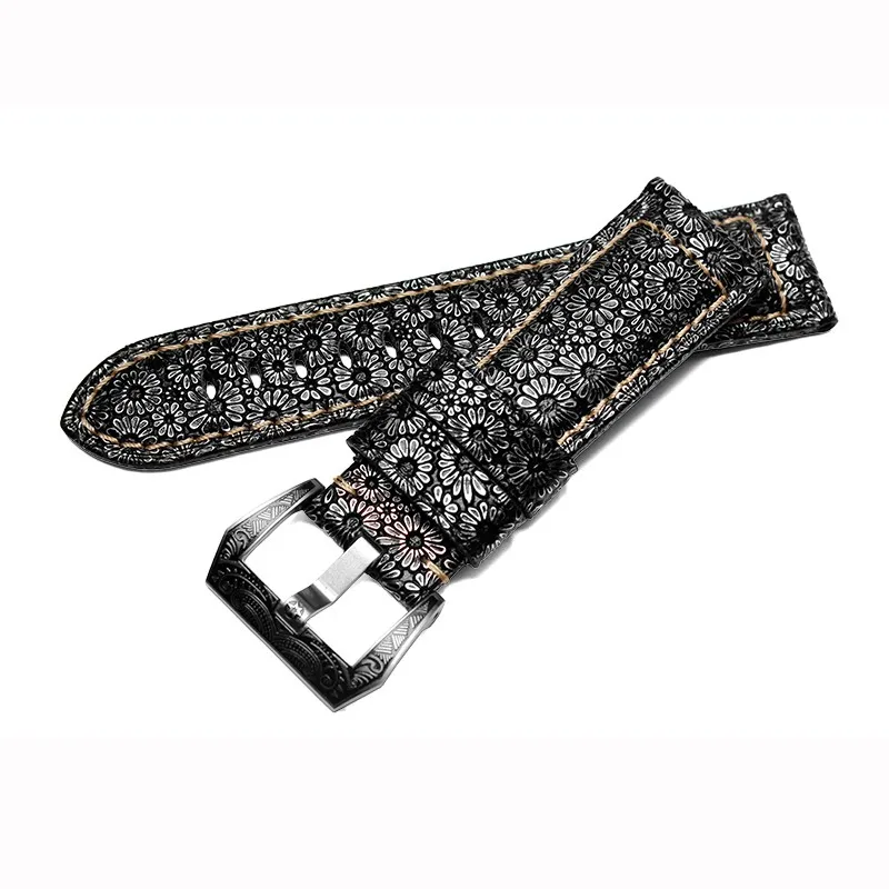 For Panerai PAM441 448 312 Bracelet high quality Cowhide Genuine Leather Strap retro flower grain Thick Watch band 22 24mm 26mm