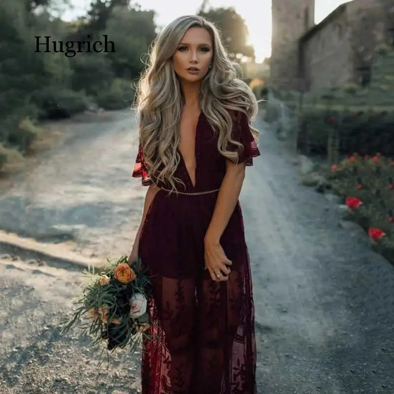 Boho Inspired Gypsy Embroidery Lace Maxi Dress Plunge Neck Slit Side Tunic Summer Dress 2020 New Sexy Beach Dress Clothes Female