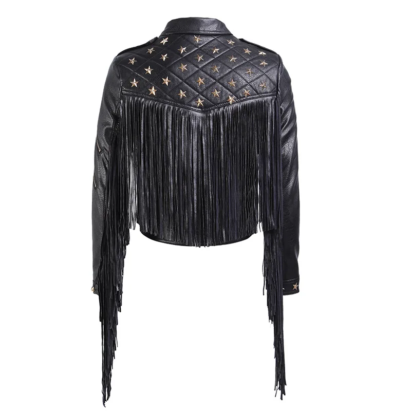 2020 New Women Biker Leather Jacket Tassels  Female PU Leather Nail Star Short Fold-down Collar Zipper Fringed Punk Coats DB199