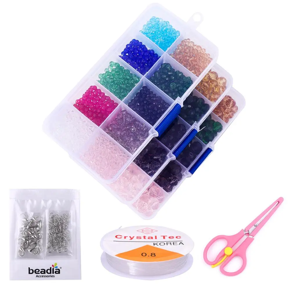 4/6/8/10mm Glass Bicone Beads Austria Crystal Faceted Beads Lobster Clasps Beading Cord Box Set For Jewelry Making DIY Earring