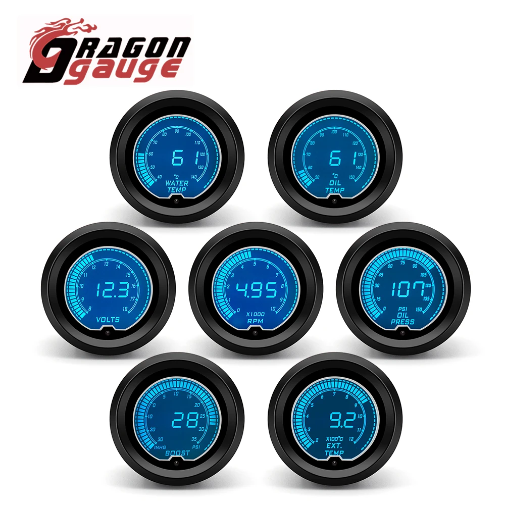 DRAGON GAUGE 52mm Tachometer Voltage Boost Water Temp Oil Temp Oil Press ETG Gauge LED Digital Display Car Gauge 7 Colors Change