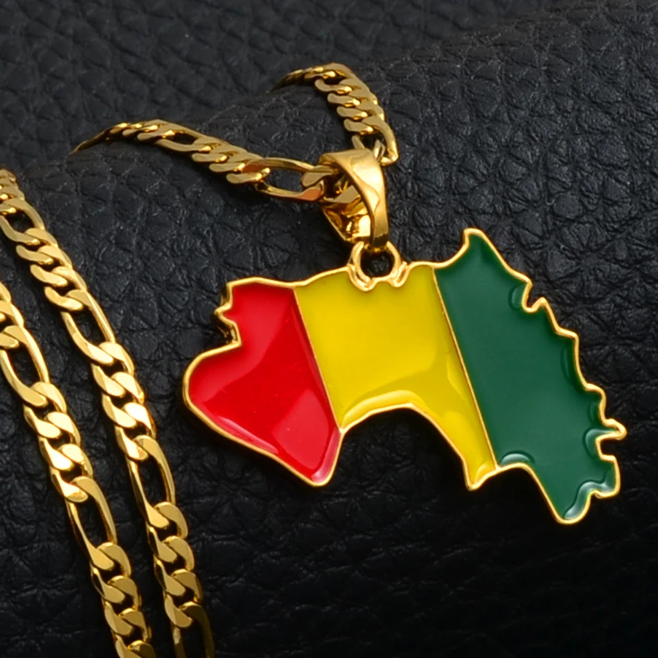 Anniyo Guinea Map & Flag Pendant Necklaces for Women/Men Gold Color Jewelry Map Of Guinea Necklaces Guinee #116706