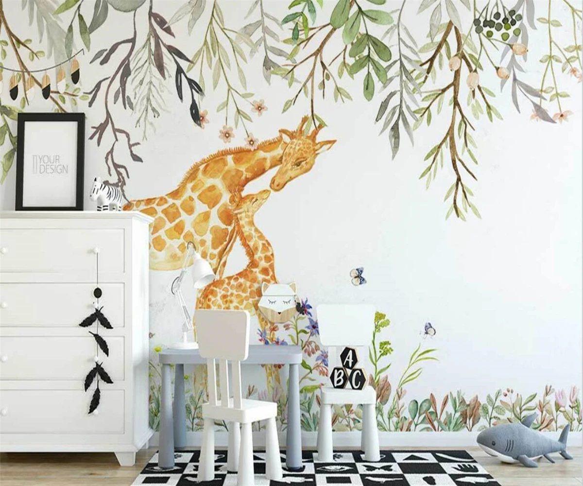 Custom wallpaper hand-painted flowers and plants giraffe children's room background wall painting home decoration 3d wallpaper