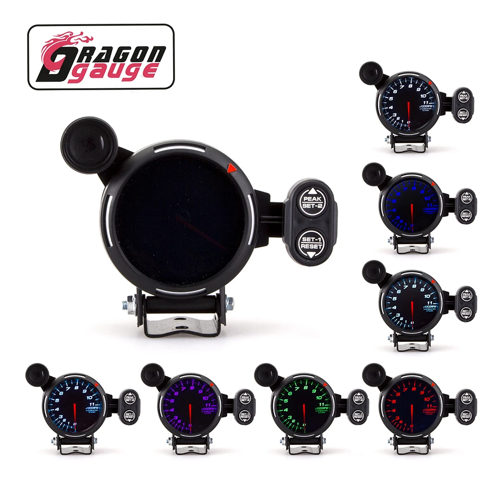 「DRAGON」 80mm Tachometer 0~11000RPM Racing Car Gauge With Warning Lamp and Peak Warning Rpm Meter for 1~8 Cyning 7 Colors Change