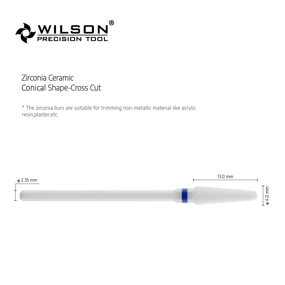 WilsonDental Burs Conical Shape - 4.0mm - Cross Cut - White Solid Zirconia Ceramic Dental Lab Burs