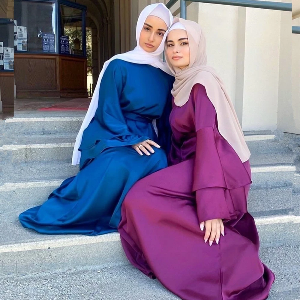 Ramadan Eid Mubarak Muslim Fashion Silk Satin Dress Women\'s Abaya Dubai Turkey Islam Hijab Dress Vestidos Robe Musulmane Longue