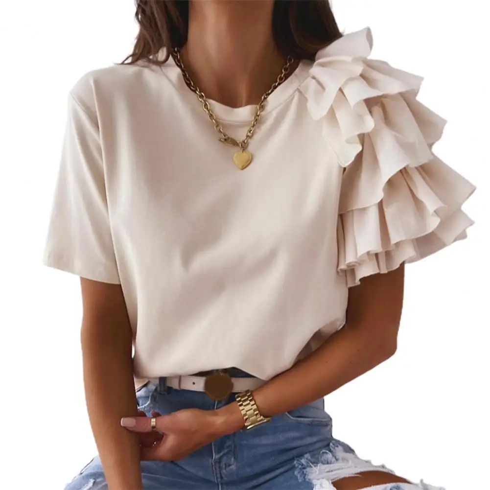 Fashion Women Blouse Elegant Fashion Solid Color Layered Ruffle Short Sleeve Asymmetric Loose Top Summer Blouses 2021