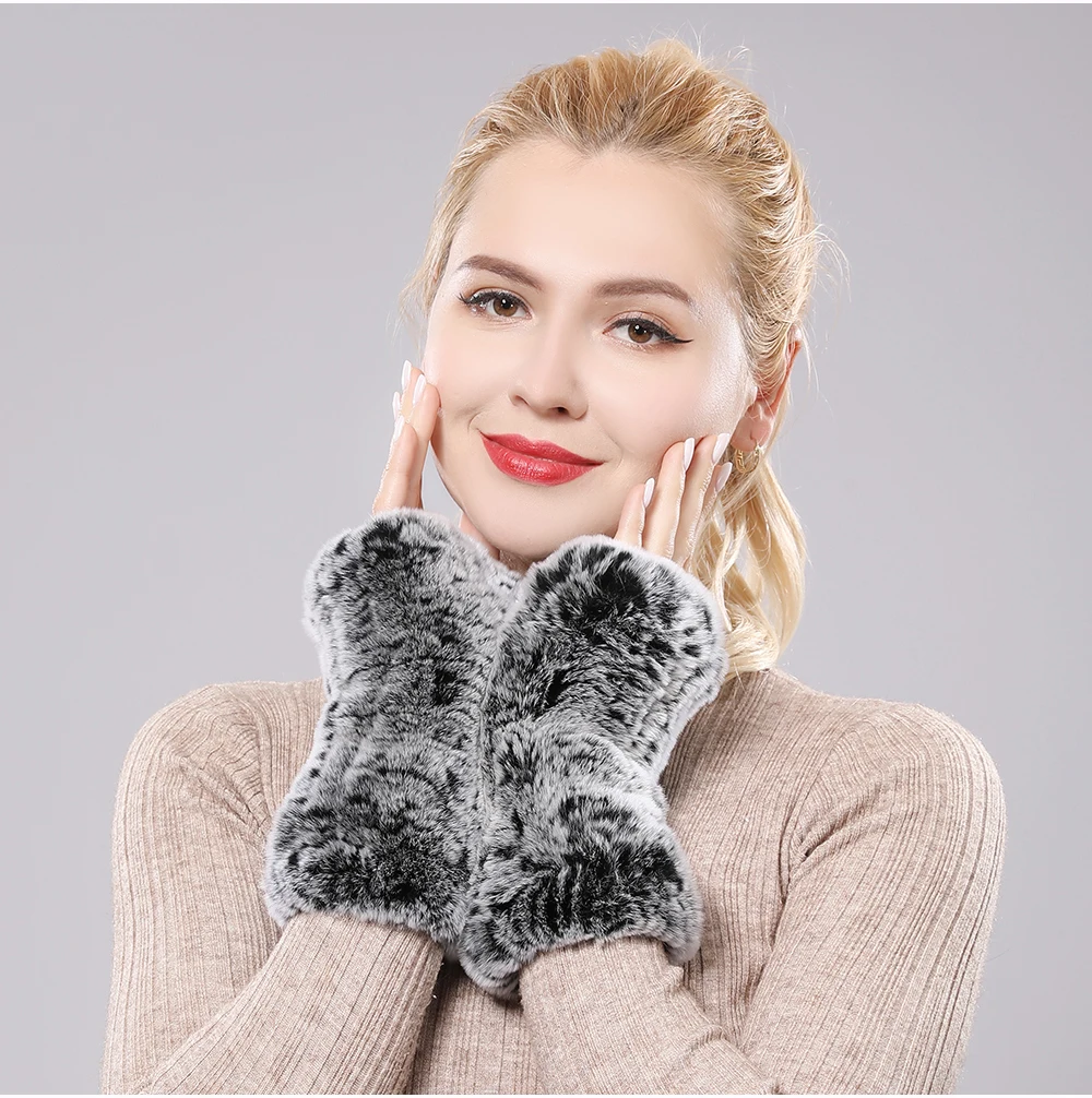 New Women 100% Real Genuine Knitted Rex Rabbit Fur Mittens Winter Warm Lady Real Fur Fingerless Gloves Handmade Knit Fur Mitten