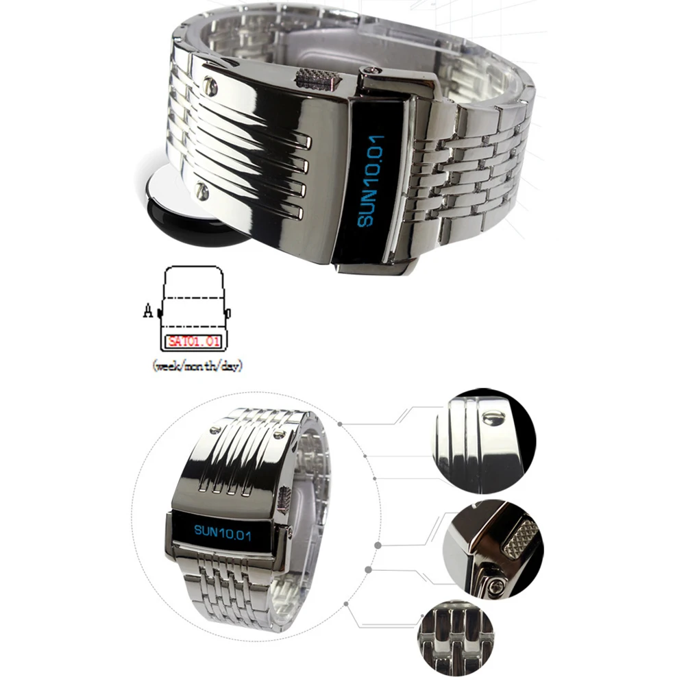 Fashion Blue LED Display Wide Stainless Steel Band Men Digital Wrist Watch Gift