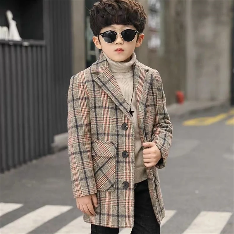 Boy Wool Coat for Autumn & Winter Children\'s Jacket Fashion Turn Collar Plaid Keep Warm Outerwear Teenage Clothes 2021