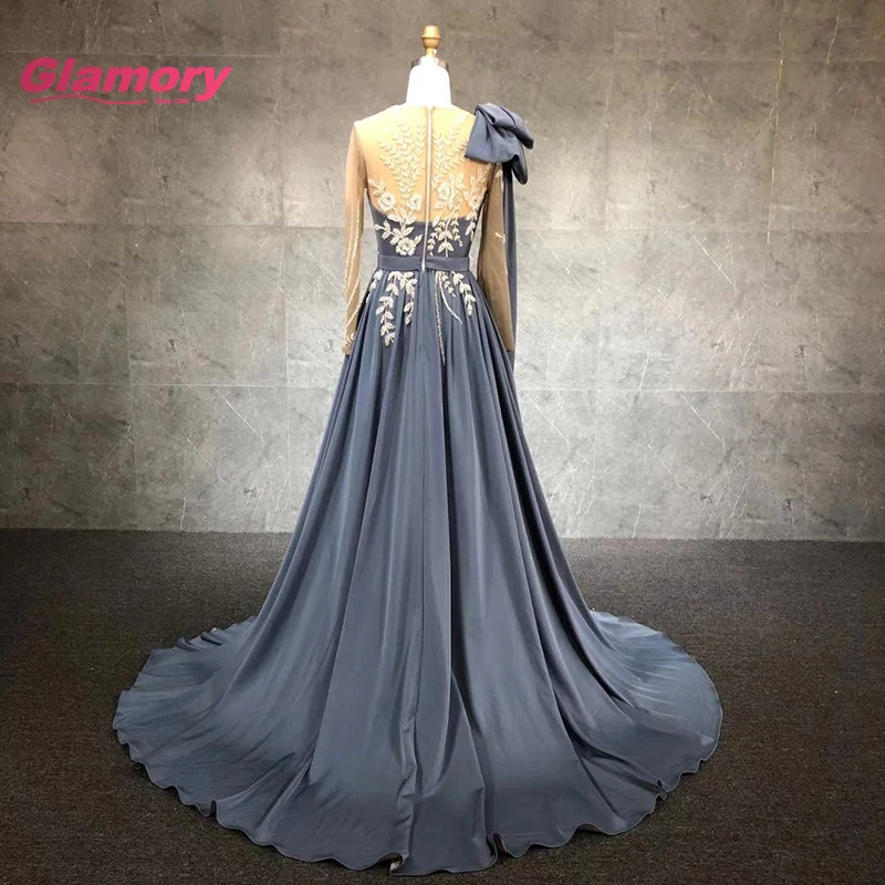 Morandi Blue Long Sleeves Chiffon Beaded Applique Shoulder Bow Shawl Sexy Evening Gown