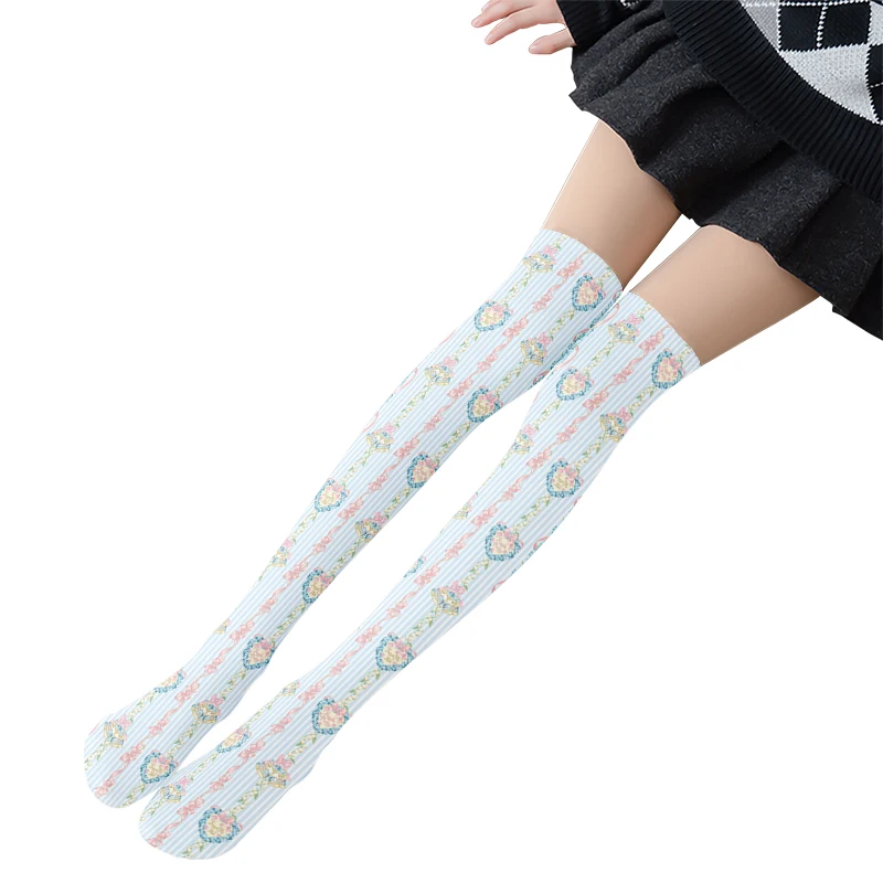 3D drukowane modne damskie pończochy Sexy wysokie uda studentka Cosplay różowe słodkie śmieszne jedzenie Over-The-Knee jedwabne pończochy