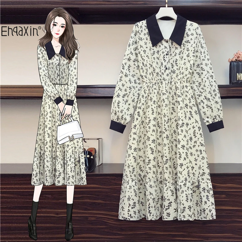 

EHQAXIN 2022 Women's Dress Spring New Loose High Waist Floral Button Casual Long Dresses Female Fashion Elegant M-4XL