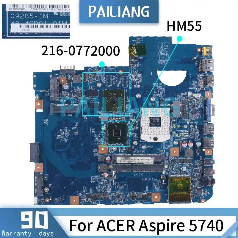 

PAILIANG Laptop motherboard For ACER Aspire 5740 Mainboard 09285-1M 216-0772000 HM55 DDR3 tesed