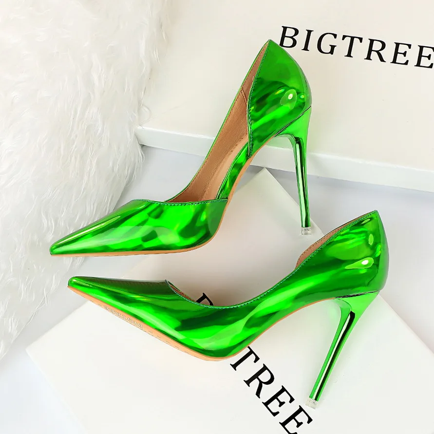 

2022 Sexy Women 10.5cm Fetish High Heels Pumps Scarpins Blue Green Sliver Gold Female Bridal Heels Patent Leather Big Size Shoes