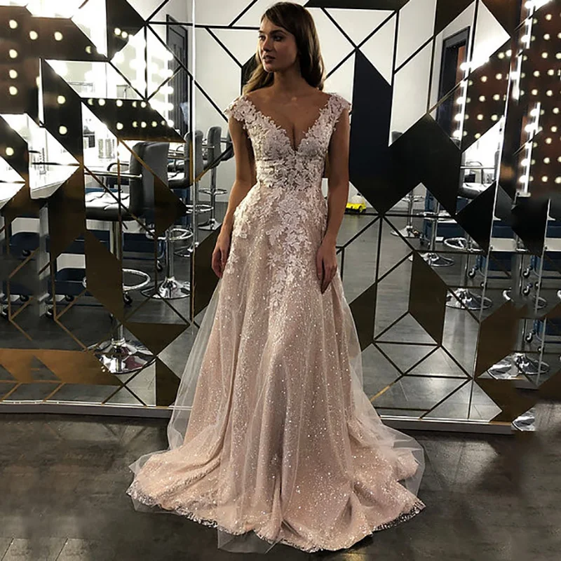 Glitter Champagne Wedding Dresses 2021 A Line V Neck Applique Lace Wedding Gowns Vintage Sexy Bride Dress Suknia Slubna