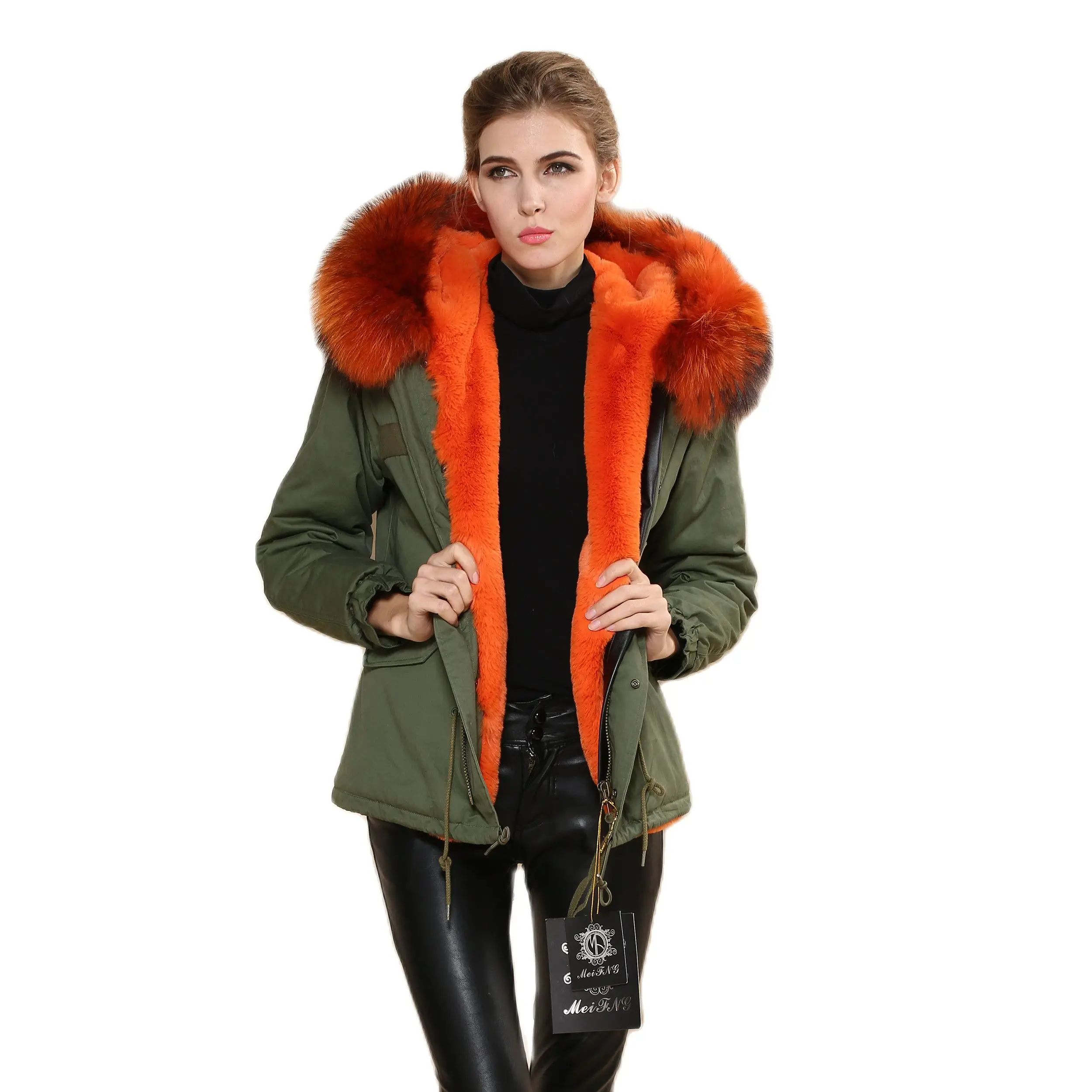 Luxurious Girl Sexy Winter Clothes Fake Fur Warm Orange Large Real Collar Fur Parka Raccoon Fur Elegant Women's Fur Coat