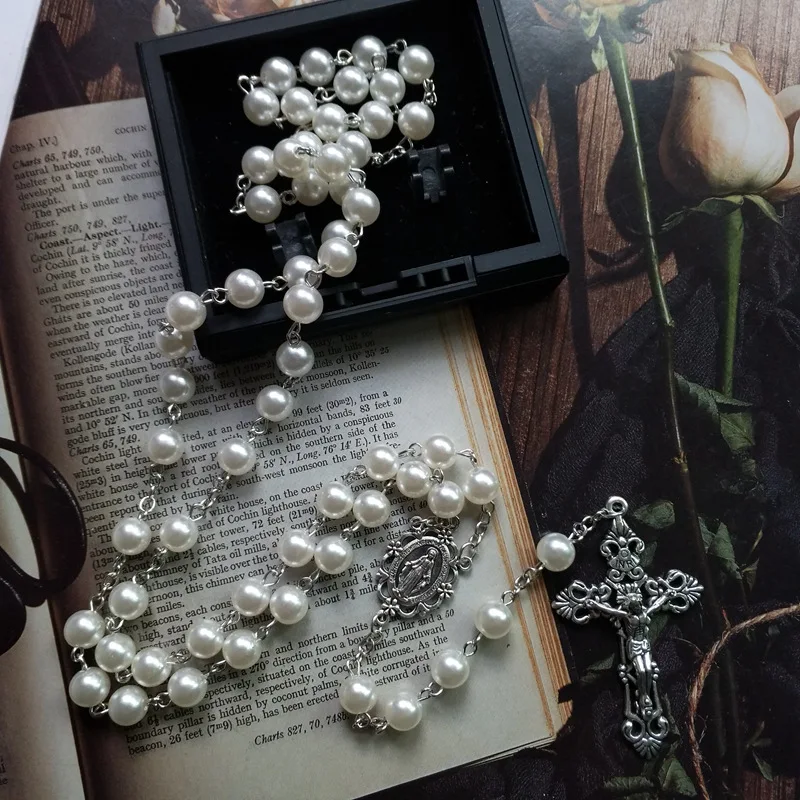 White Meditation Beaded Chain Religious Prayer Our Lady Medalla Milagrosa Rosary Necklace Crucifix Cross Chaplet Jewelry Gifts