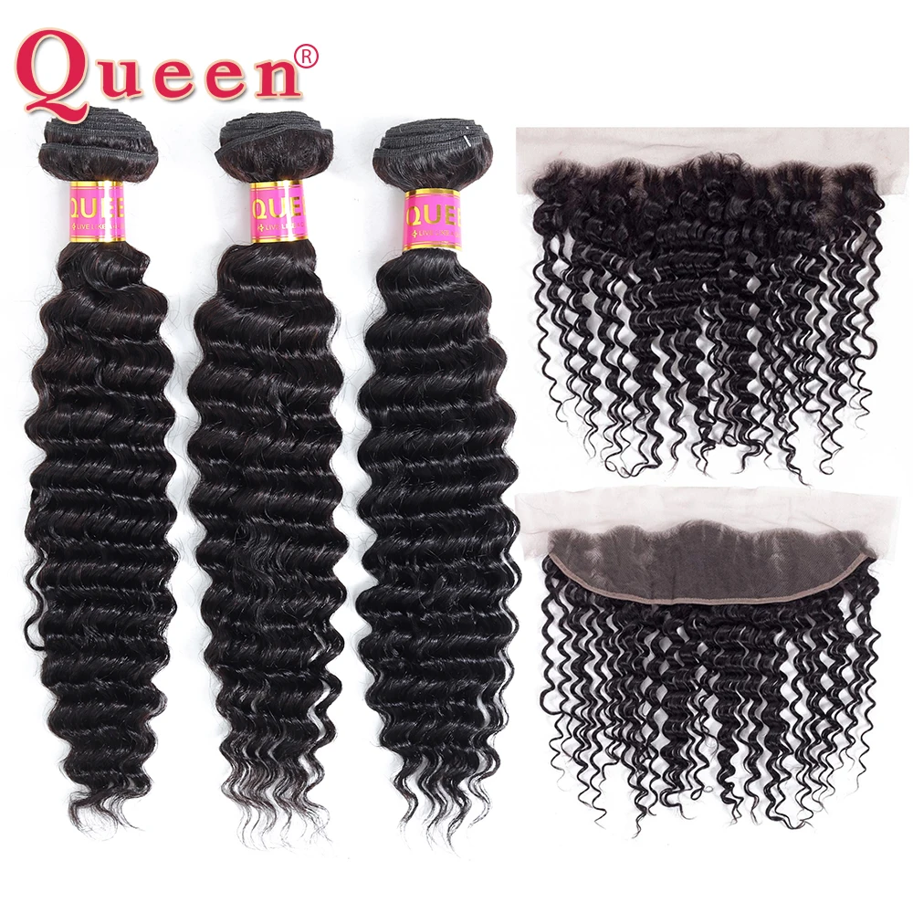 Queen Hair Malaysian Deep Wave Hair 3/4 Bundles With Frontal Closure 100% Remy Wave Human Hair Frontal With Bundles Extension