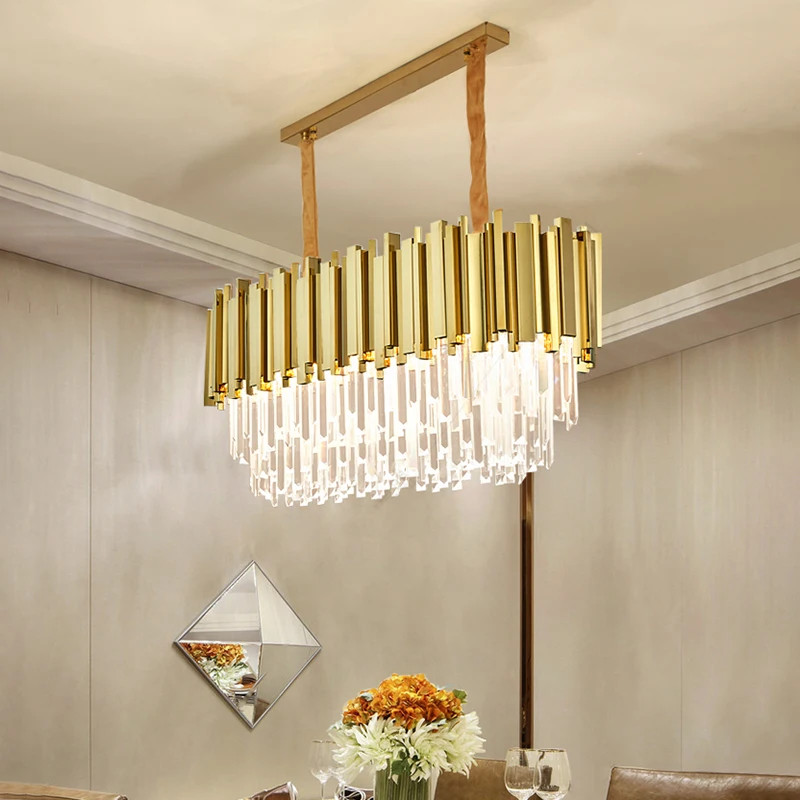 

Rectangular Crystal Chandelier For Kitchen Luster Restaurant High Quality Stainless steel Hanging Lamp Living Room Light Fixture