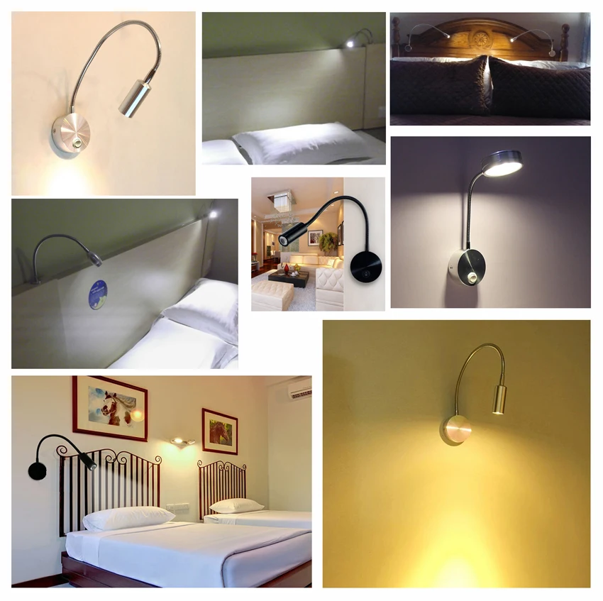 3W LED Wall Lamps With Knob Switch Modern Bedroom Bedside Reading Lighting 360 Degree Angle Adjustable AC90-260V