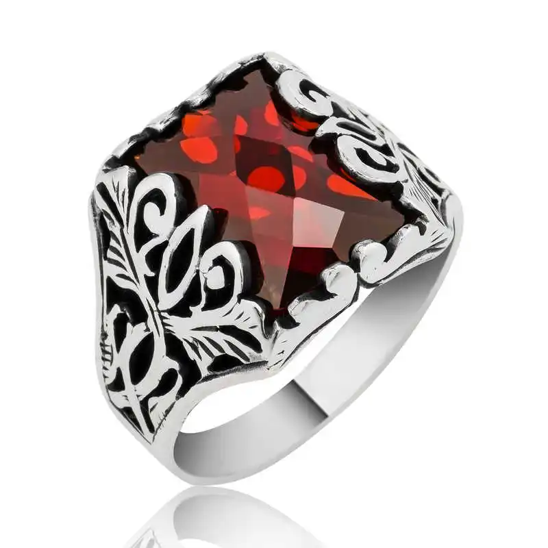 Silver Red Cut Stone Men's Ring - 925 Sterling Men's Jewelry Wedding Birthday Gift - Box - - Men - Fashion - Botiva - Size - Turkish - Patterned Embroidery