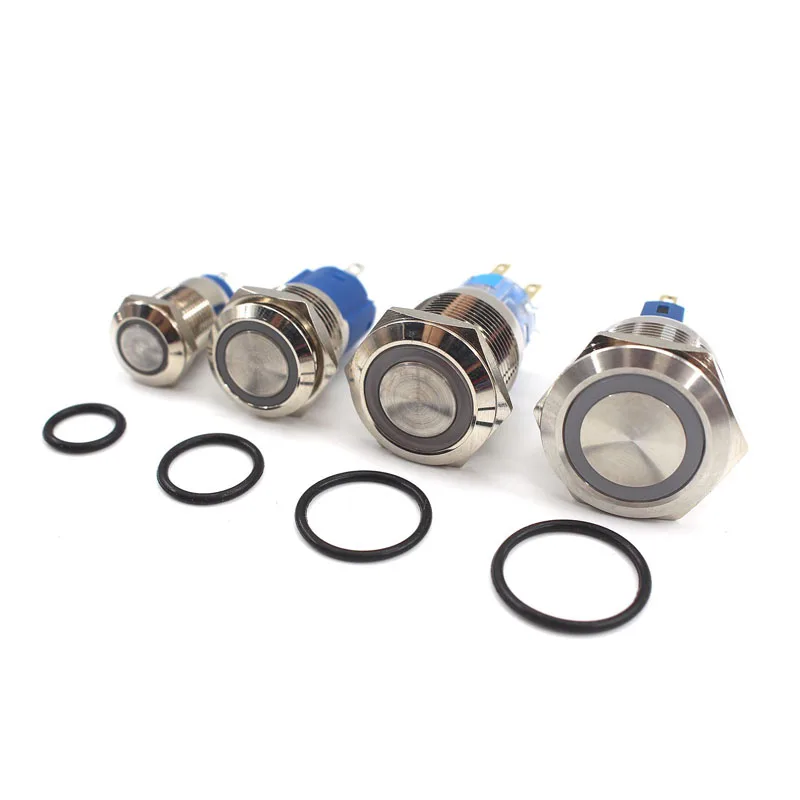 

12/16/19/22 мм водонепроницаемый металлический кнопочный переключатель 12 В Кнопка питания Плоская Круглая Светодиодная лампа самоблокирующаяся мгновенная 6 в кабельная розетка