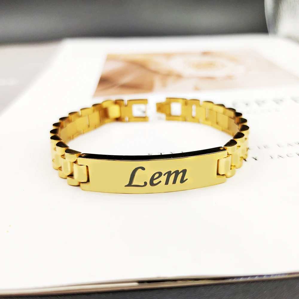 Fashion Customized Engrave Name Metal Bracelet With Watch Chain Stainless Steel Gold Plate Bracelet Men And Women Jewelry Gifts