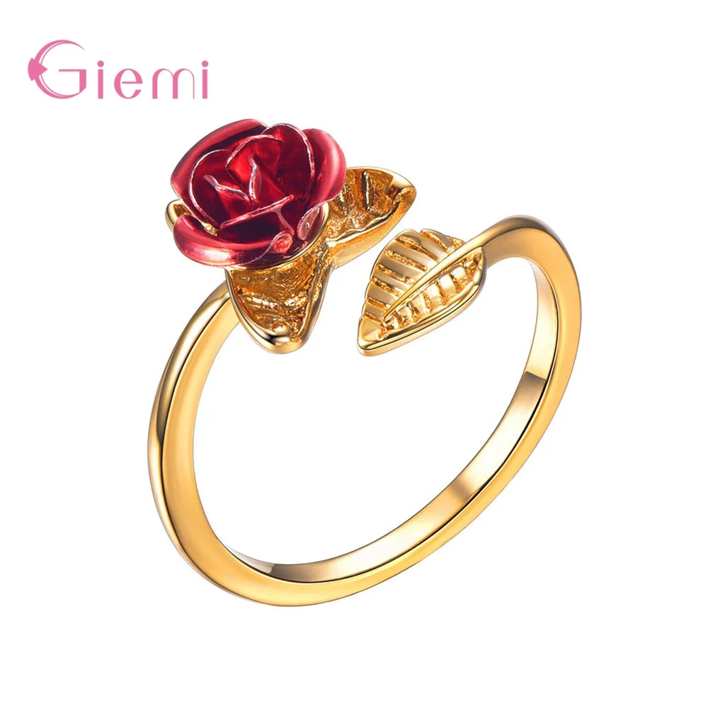 

Genuine 925 Sterling Silver Luxury Simple Beautiful Red Rose Adjustable Open Rings For Women Girls Student Wife Party Jewelry