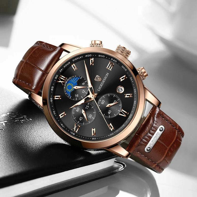 LIGE Mens Watches Top Luxury Brand Waterproof Sport Wrist Watch Chronograph Quartz Military Genuine Leather Relogio Masculino