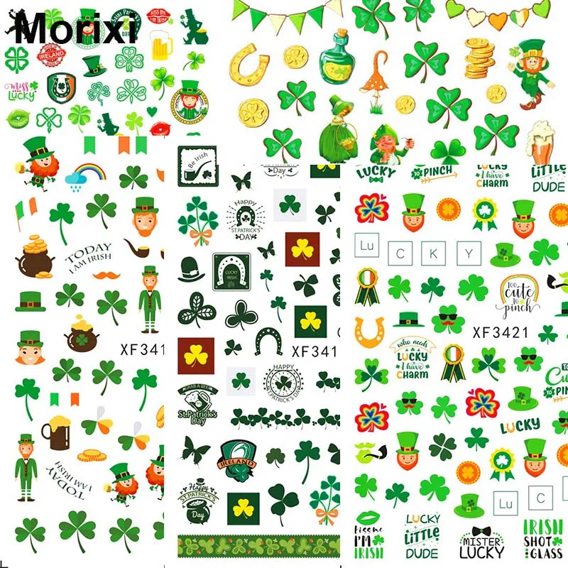 

Morixi nail art sticker for Ireland St. Patrick's Day green leaves clown printing self glue manicure nail decals XF009