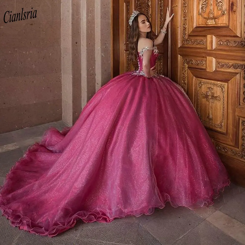 Fuchsia Sparkly Kristall Weg Von Der Schulter Organza Ballkleid Quinceanera Kleid Sweetheart Perlen Süße 15 Prom Party Kleider