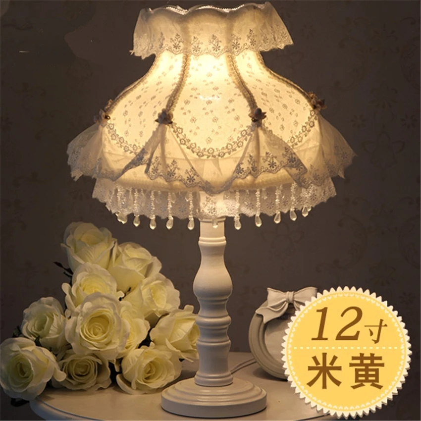 Korean Lace Fabric Shade Table Lamps Field Pink Princess Bedroom Bedside Table Lights Wedding Study Living Room Desk Lighting