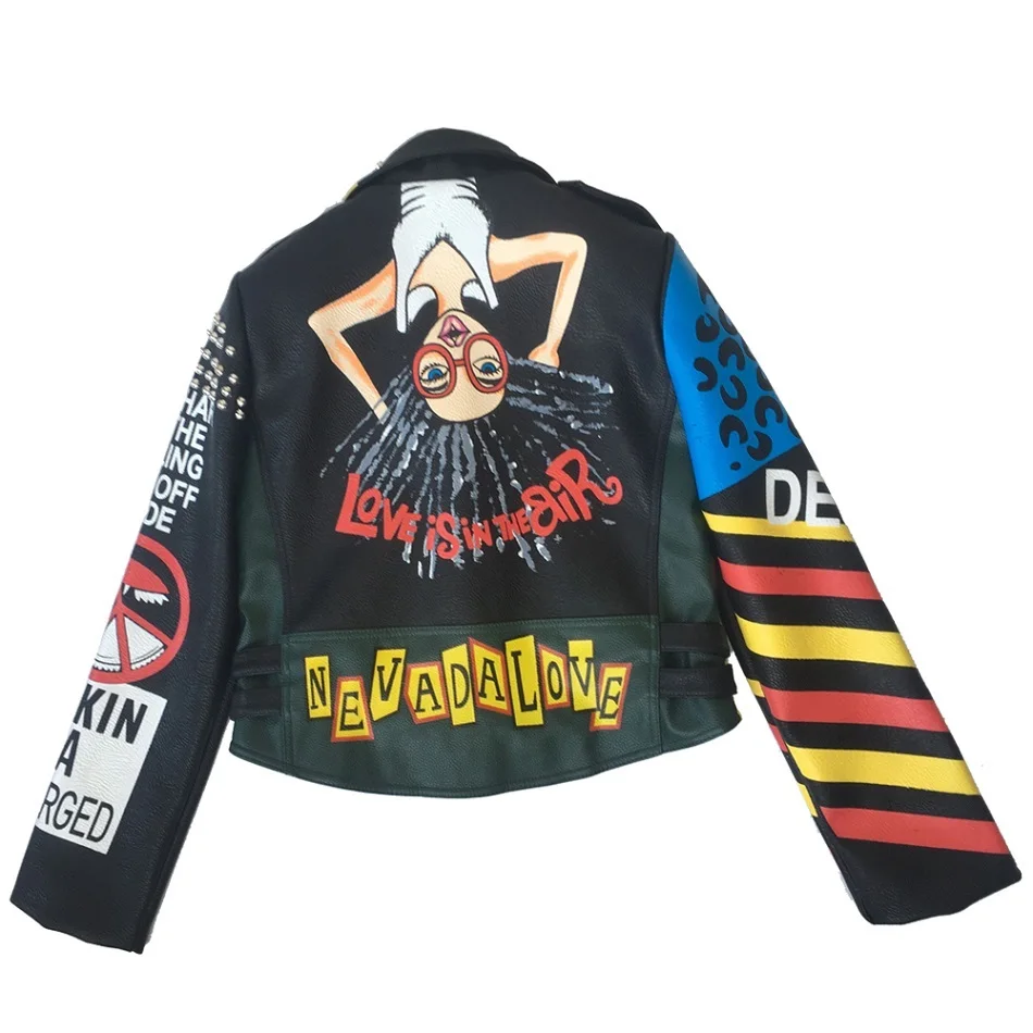 Chaqueta de cuero sintético con remaches Punk para mujer, abrigo corto con estampado de dibujos animados, estilo callejero, novedad