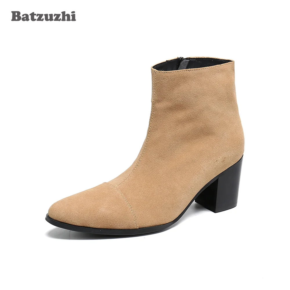 

Batzuzhi 7.5cm High Heel Men Boots Pointed Toe Lxuxury Handmade Suede Leather Ankle Boots Men Botas Hombre Motorcyce/Party Wear