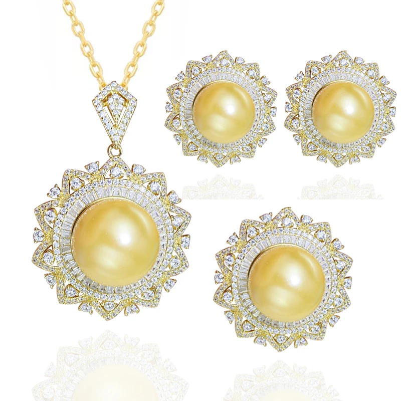 MeiBaPJ Real 925 Silver Sun Flower Earrings & Necklace & Ring Fine Wedding Jewelry Sets For Women Natural Big Pearl Suit