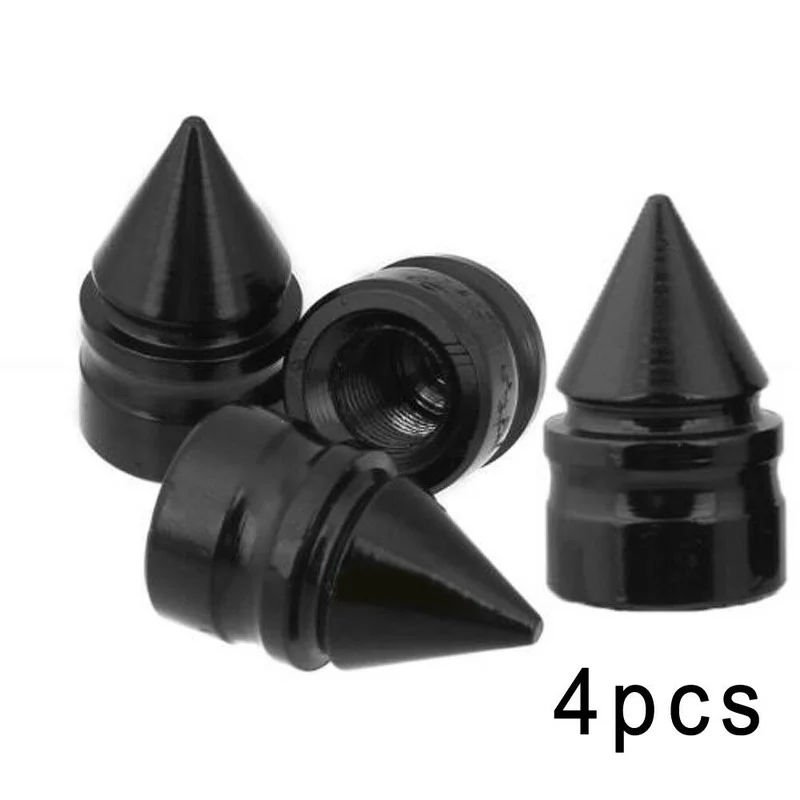 4pcs Black Aluminum Alloy Nipple Caps Spike Cone Car Tuning Tire Rim Wheel Air Port Dust Cover Stem Valve Caps Car Accessories