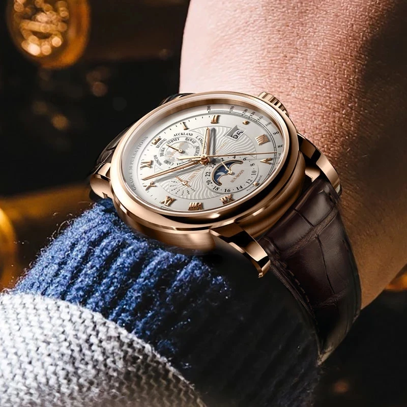LOBINNI Luxury Genuine Leather Strap Automatic Mechanical Watches Men Sapphire Glass Waterproof Watch Date Week Moon Phase Watch