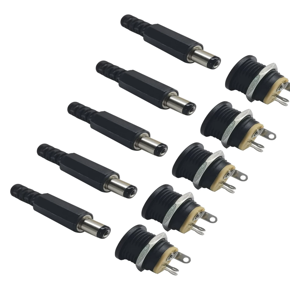 10 SZTUK (5 par) DC12V 5,5 x 2,1 mm Plastikowe wtyczki męskie DC022 Gniazdo zasilania DC Żeńskie gniazdo Śruba Nakrętka Złącze do montażu panelowego