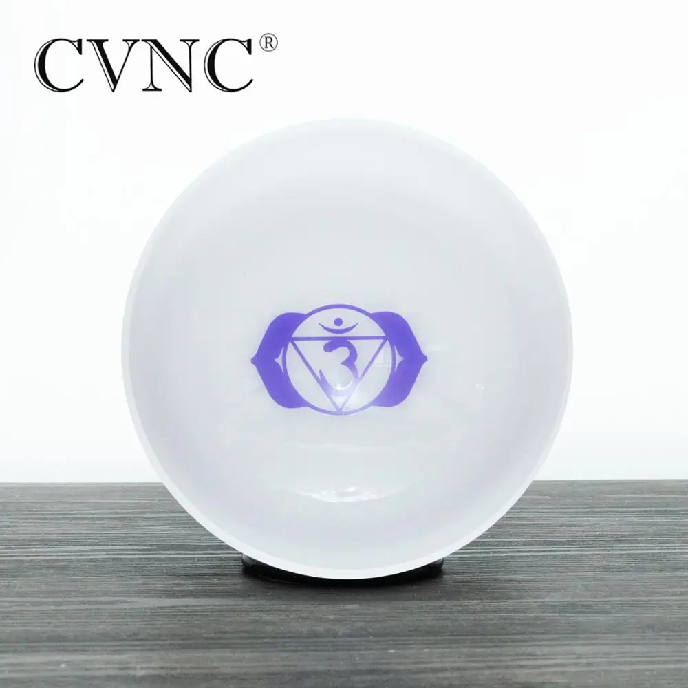 CVNC 8 Inch A Note Chakra Design Frosted Quartz Crystal Singing Bowl Pattern Energy Third eye Chakra for Meditation with Mallet