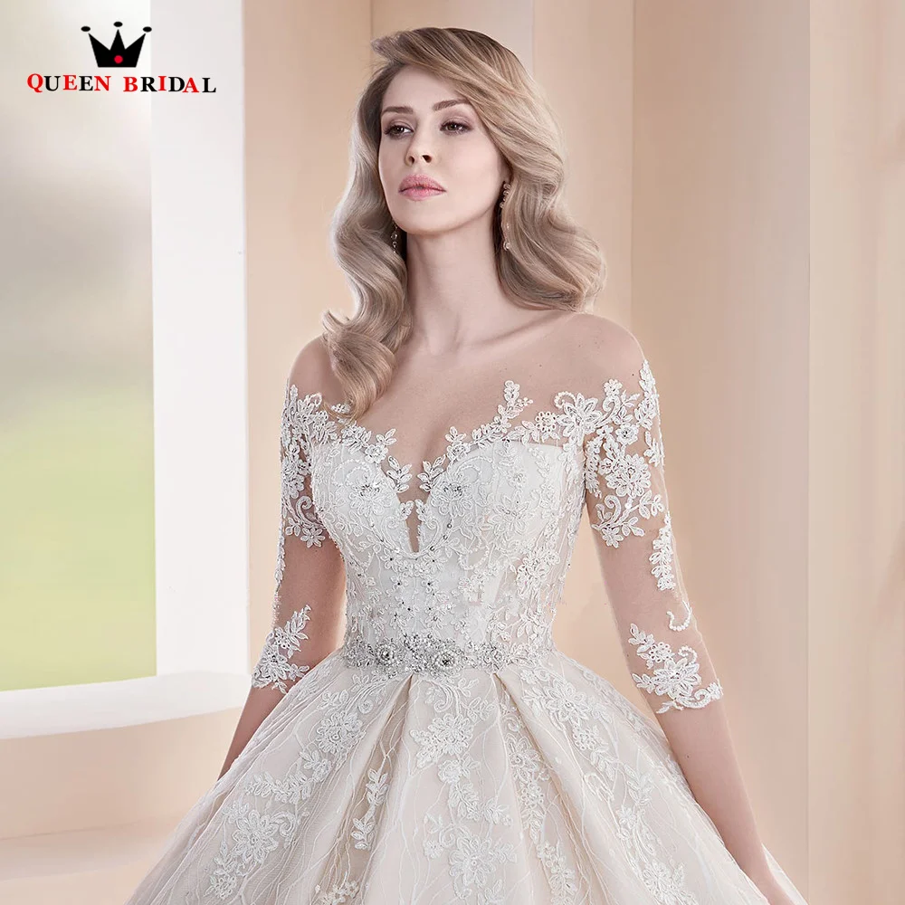 Vestido de fiesta de lujo, vestidos de novia con tren grande, manga 3/4, apliques de encaje de tul, vestido de novia Formal, nuevo diseño hecho a medida DS48 2023