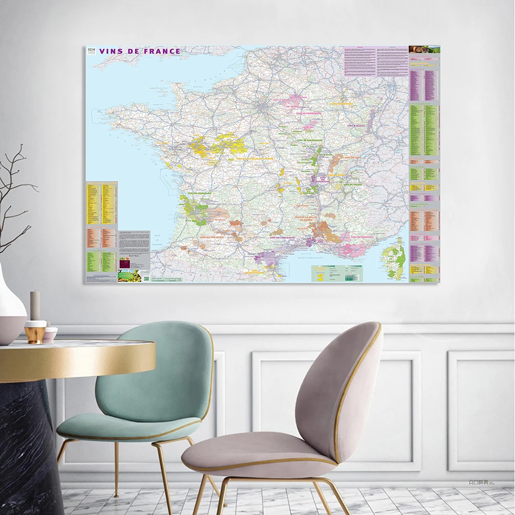 Póster de pared con mapa de distribución de vino francés, lienzo no tejido, pintura, decoración del hogar, suministros escolares, 225x150cm