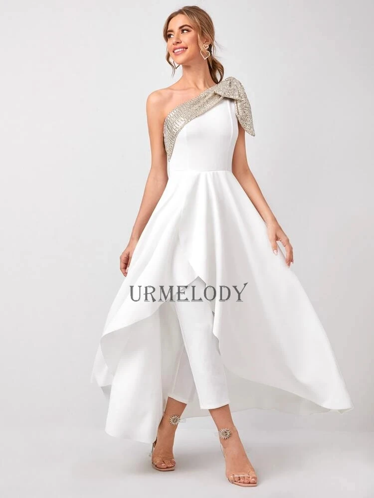 Moda um ombro nupcial macacão branco