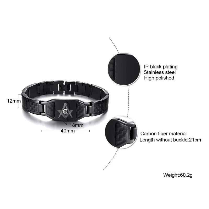 Masonic Bracelets Freemason Custom Logo Stainless Steel Black Carbon Fiber Link Bracelet