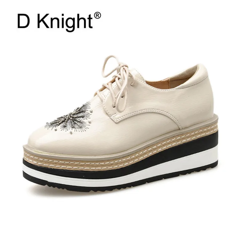 

New In Thick-Soled Striped Carved Brogue Women Shoes Pumps Lace-Up High Wedge Heel Casual Oxford Platform Shoes Women's Creepers