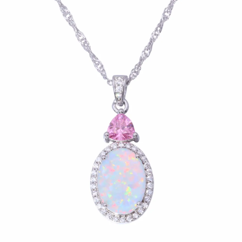 CiNily White Fire Opal Stone Necklace Silver Plated Chain Pink Purple Zircon Crystal Filled Pendant Charm Summer Jewelry Female