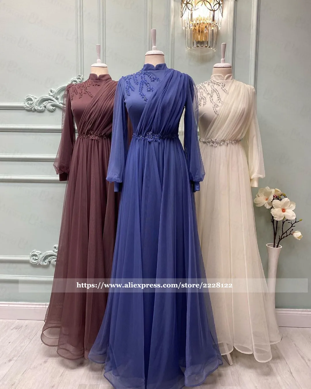 Elegant ดูไบ Kaftan ยาวแขนเสื้ออย่างเป็นทางการ2022ลูกปัดลูกไม้ Tulle A-Line อาหรับมุสลิม Hijab ชุดราตรี Abiye Gece Elbisesi